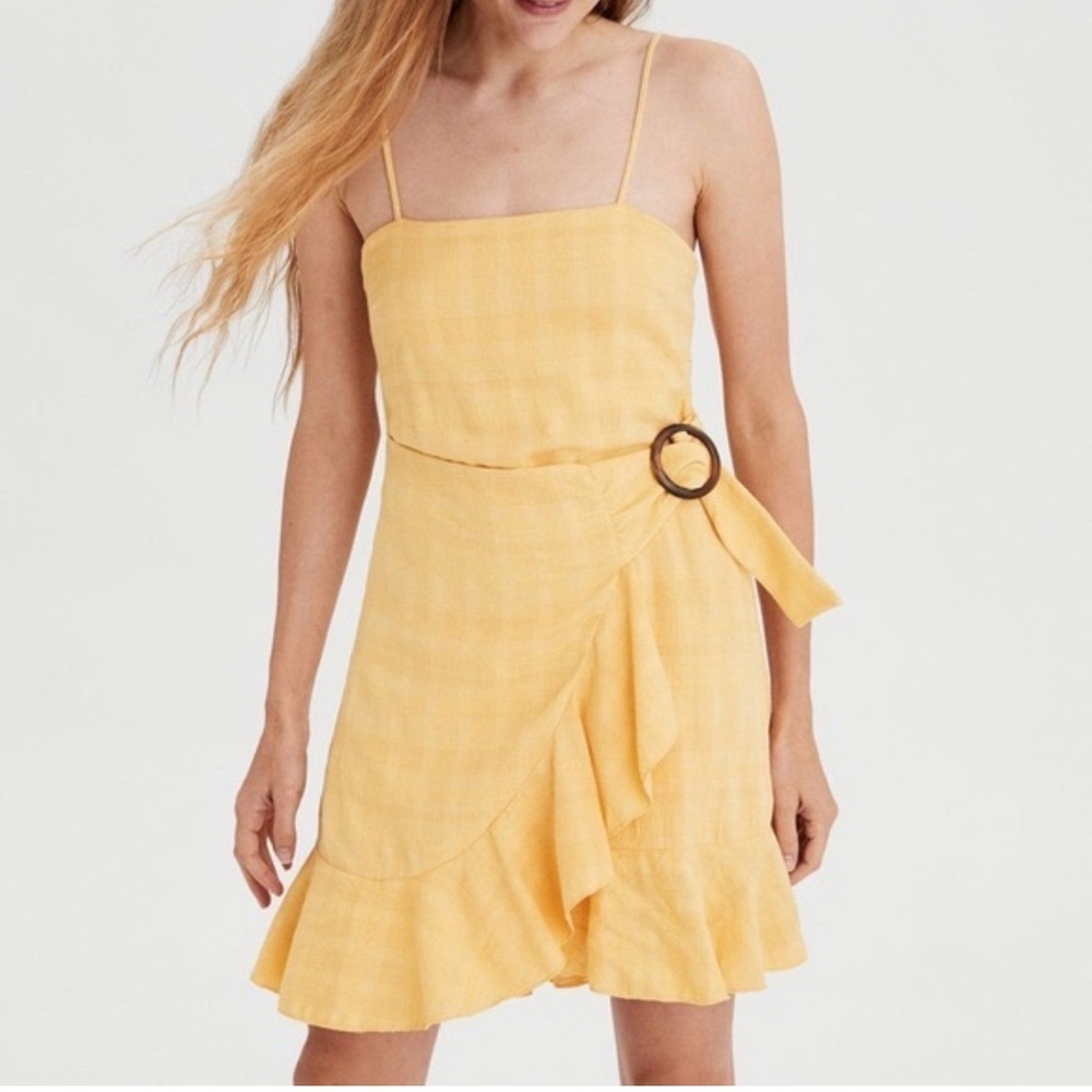 NWT American Eagle yellow faux wrap mini dress with a smocked back Size XL​